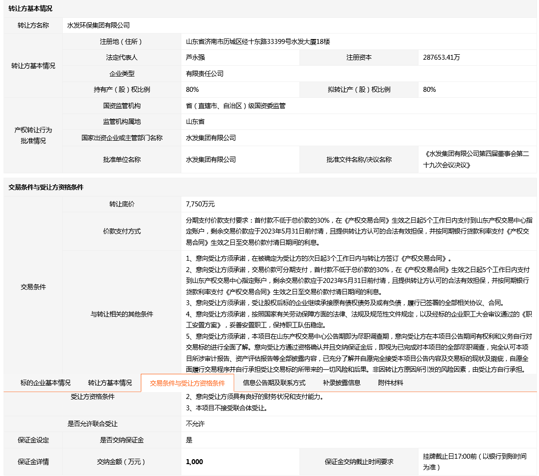 水发环保挂牌转让莱阳水务80%国有股权