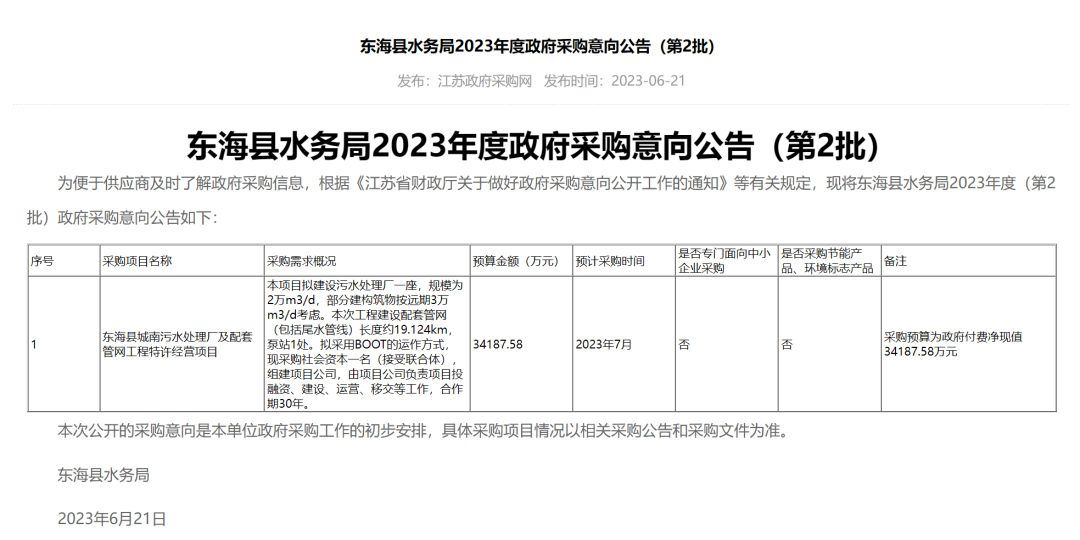 东海县城南污水处理厂及配套管网工程特许经营项目预计7月采购