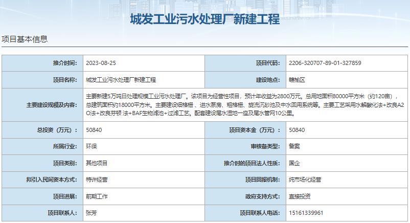 国家发展改革委集中推介污水处理项目汇总