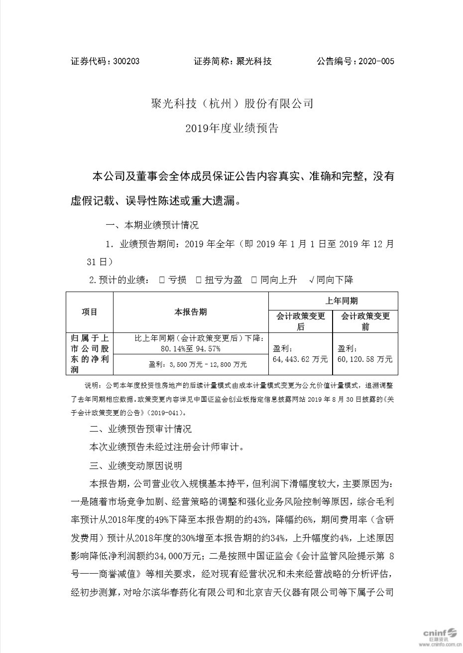 聚光科技发布2019年度业绩预告 营收基本持平 利润下滑幅度较大