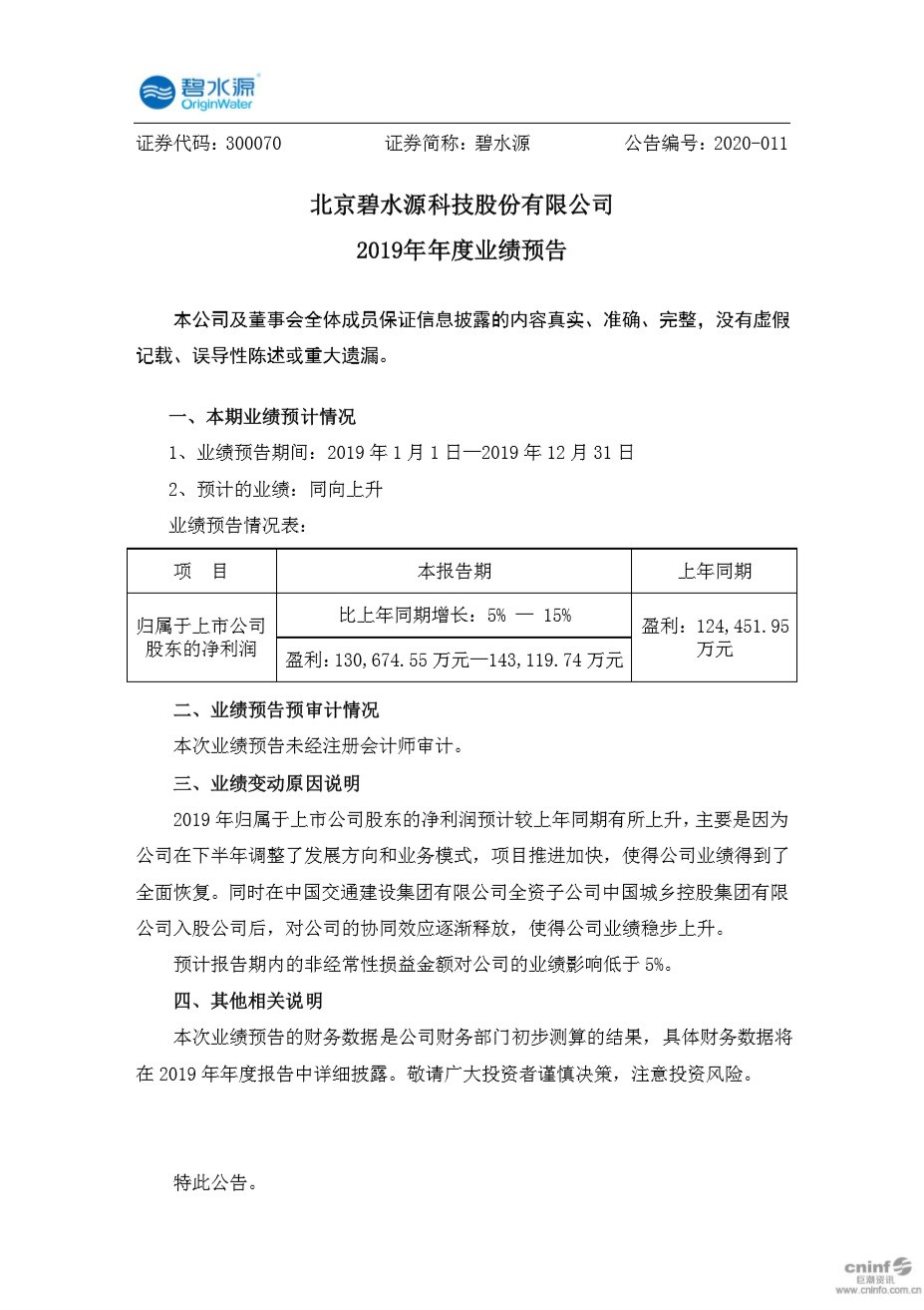 碧水源2019年年度业绩预告发布 业绩恢复稳步上升