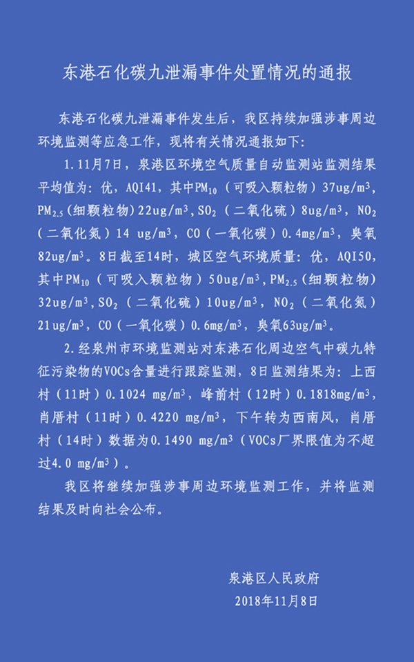 福建泉州泉港区通报碳九泄漏涉事周边环境监测情况