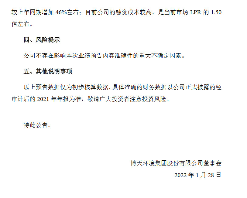 博天环境：2021年度预亏12.09亿元-15.12亿元