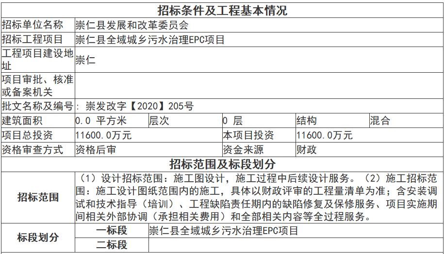 江西省崇仁县全域城乡污水治理项目崇仁县全域城乡污水治理EPC项目招标