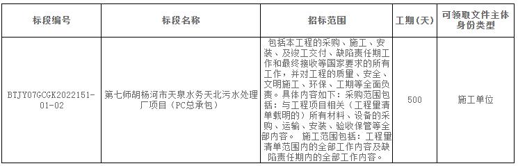 新疆第七师胡杨河市天泉水务天北污水处理厂项目（PC总承包）招标