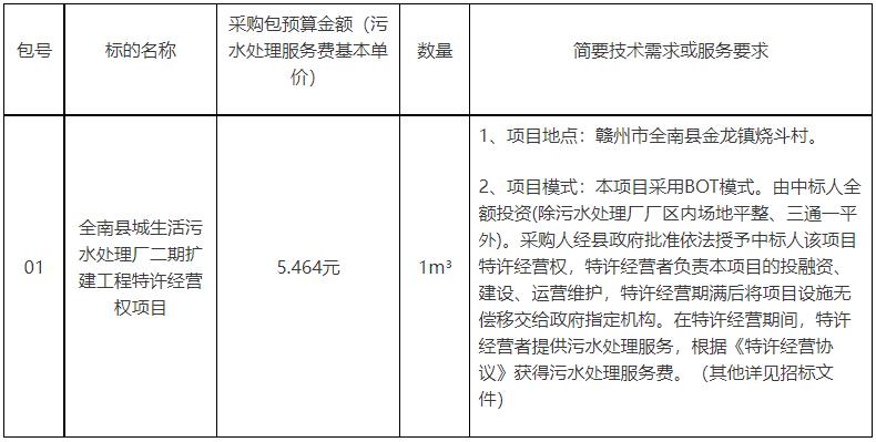 江西省全南县城生活污水处理厂二期扩建工程特许经营权项目公开招标