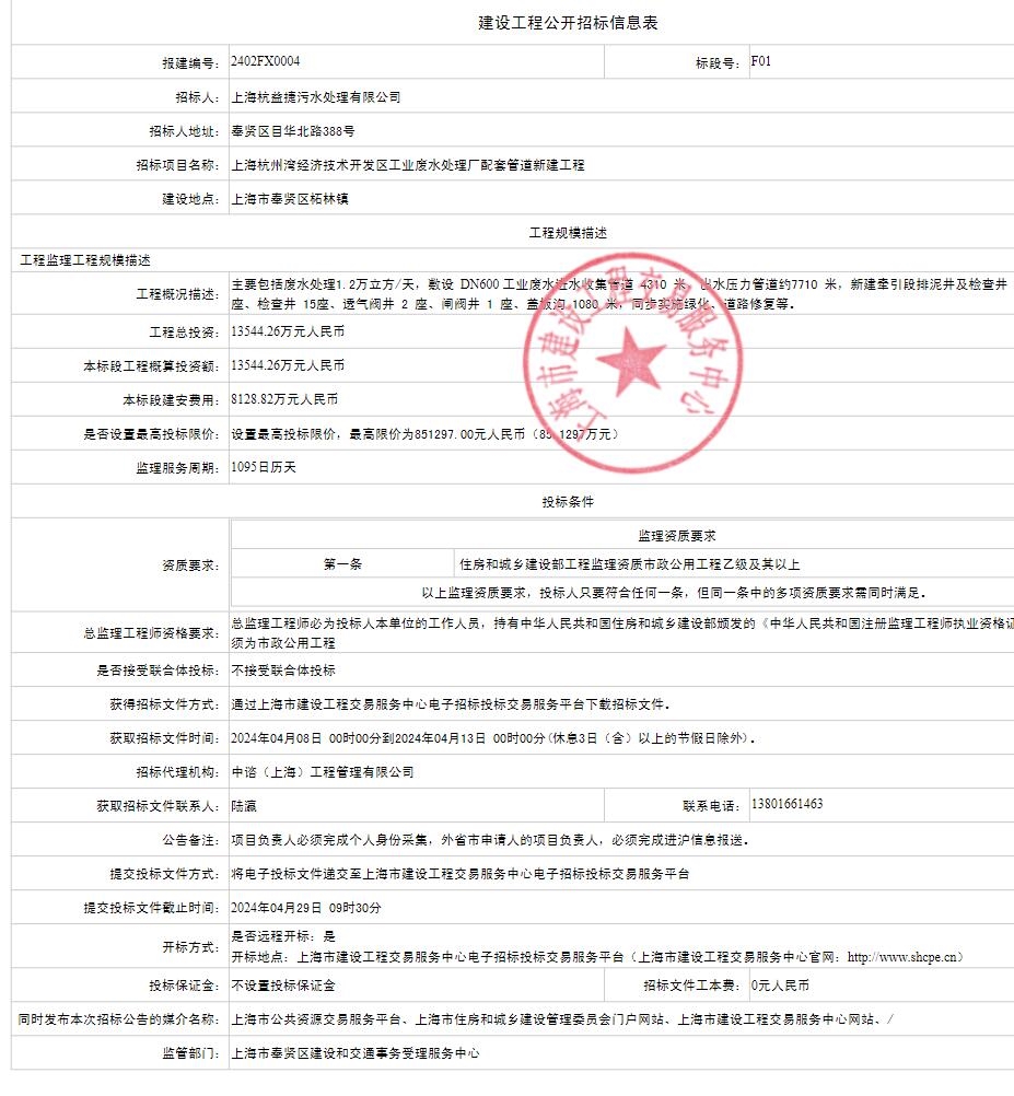 1.3亿！上海杭州湾经济技术开发区工业废水处理厂配套管道工程招标！