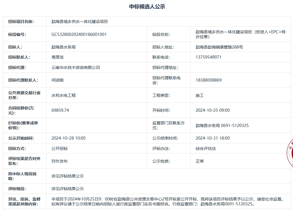 7亿！云南勐海县城乡供水一体化建设项目（投资人+EPC+特许经营）开标