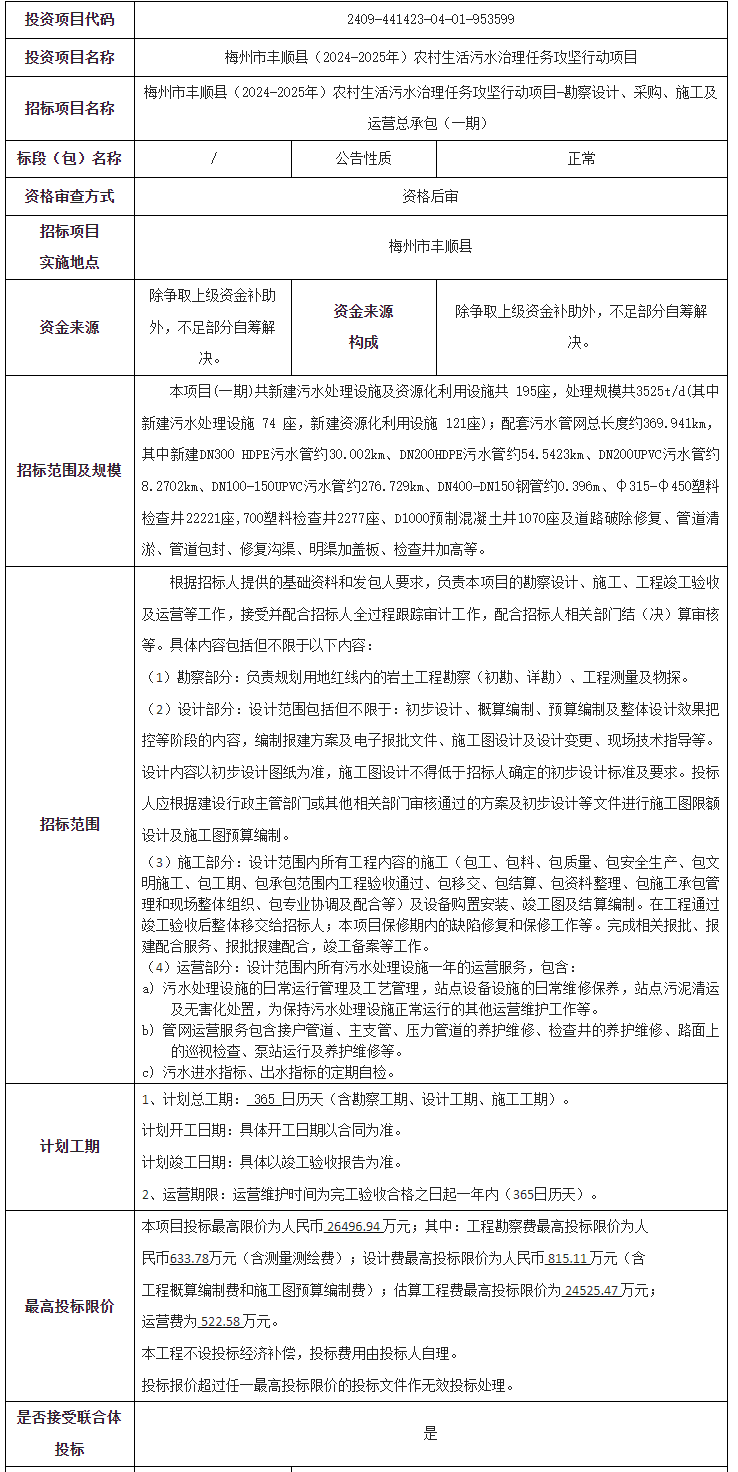 2.6亿！广东梅州市丰顺县（2024-2025年）农村生活污水治理任务攻坚行动项目-勘察设计、采购、施工及运营总承包（一期）招标！