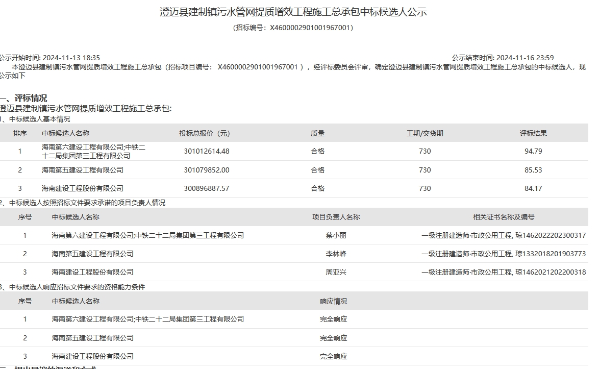 3亿！海南澄迈县建制镇污水管网提质增效工程施工总承包开标