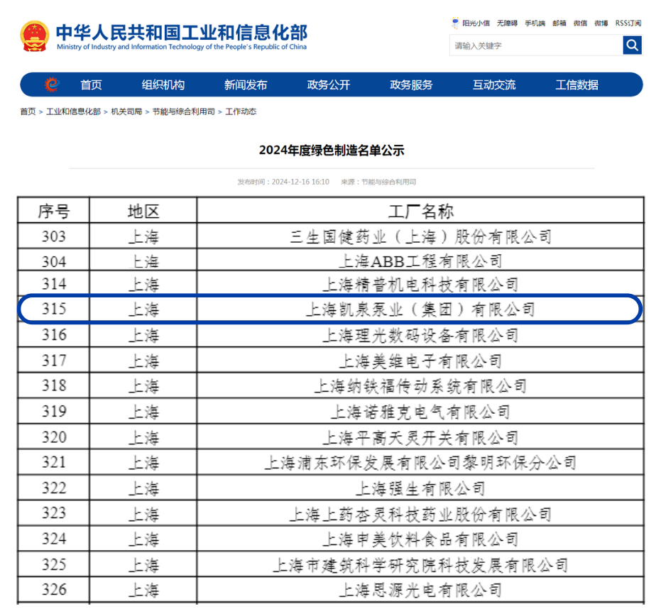 凯泉入选工信部2024年度绿色制造公示名单