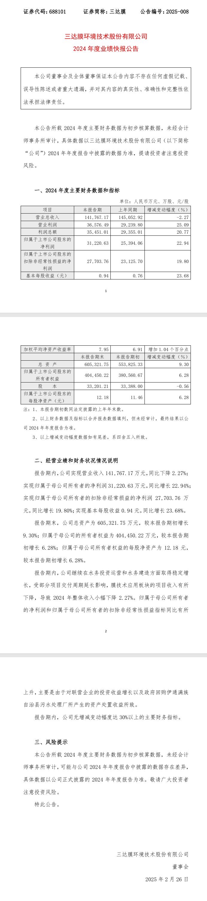 三达膜：2024年归母净利润3.12亿元 同比增长22.94% 