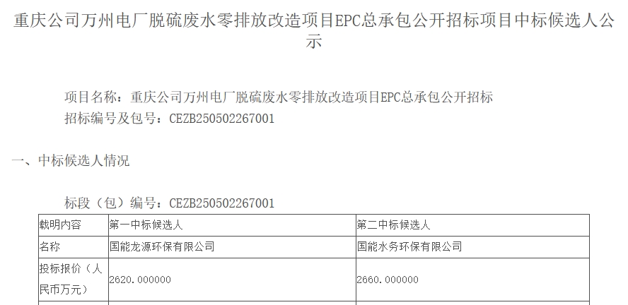 2620万！国能万州电厂脱硫废水零排放改造项目EPC总承包开标