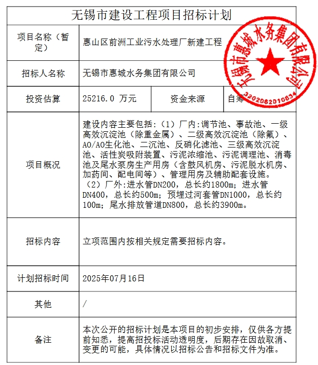 2.5亿！江苏无锡惠山区前洲工业污水处理厂将于7月招标